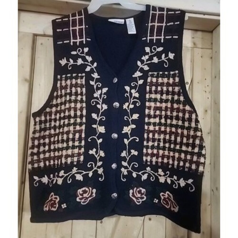 Vintage Russ Embroidered Blue Knit Sweater Vest Grannycore 80s Size Large Plaid